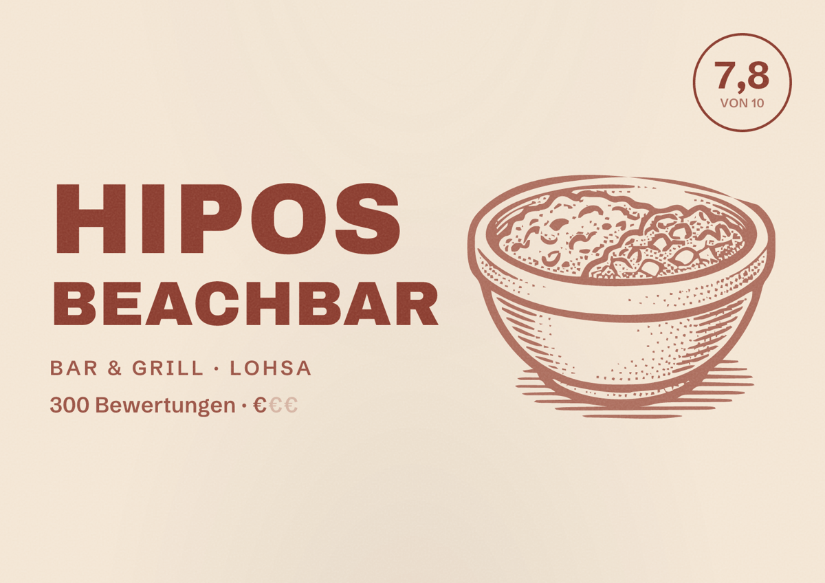 Illustriertes Poster von Hipos Beachbar, Bar & Grill in Lohsa: Bewertung 7,8 von 10 aus 300 Bewertungen, Preisniveau €