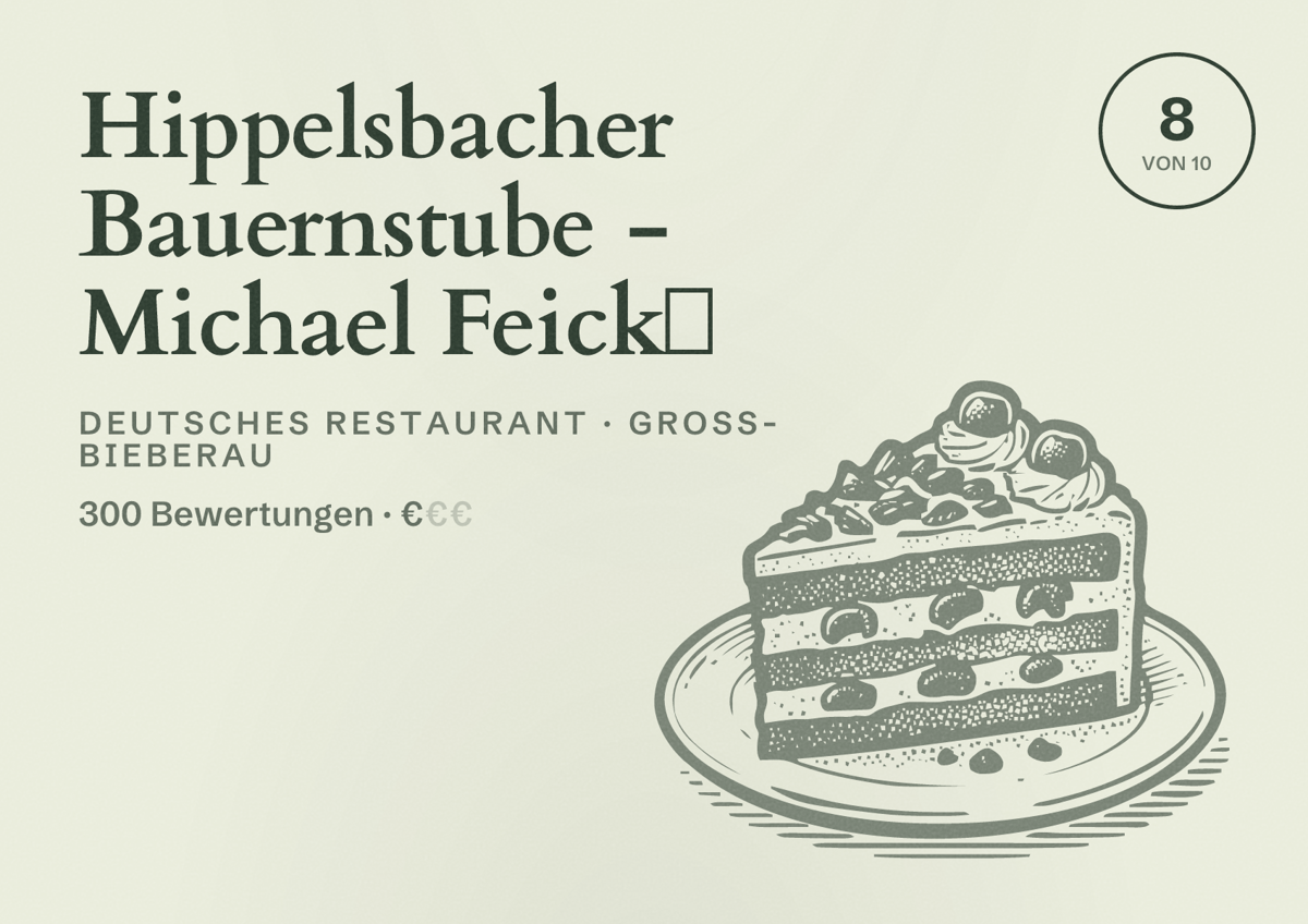 Illustriertes Poster von Hippelsbacher Bauernstube - Michael Feick🦋, Deutsches Restaurant in Groß-Bieberau: Bewertung 8 von 10 aus 300 Bewertungen, Preisniveau €