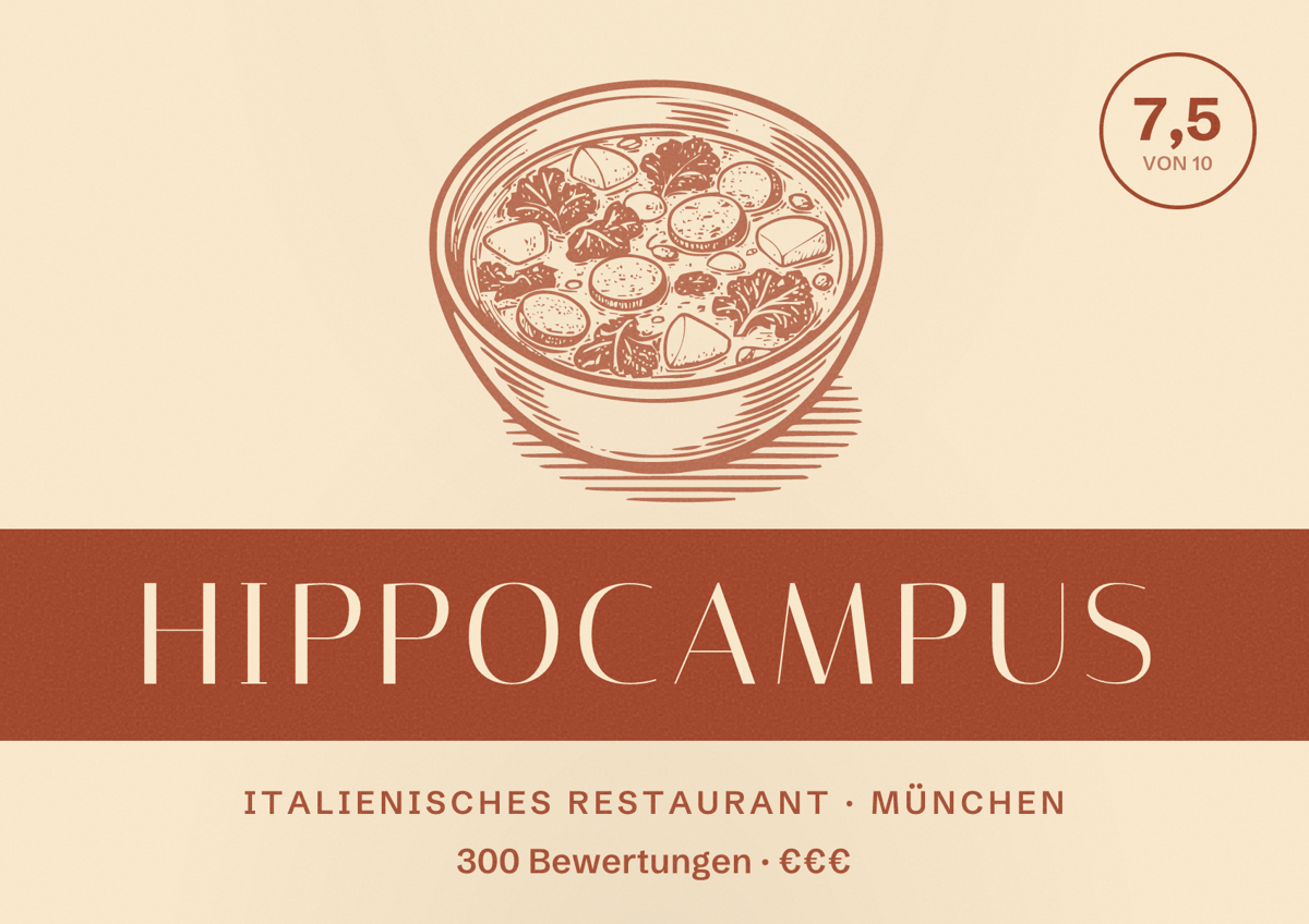 Illustriertes Poster von Hippocampus, Italienisches Restaurant in München: Bewertung 7,5 von 10 aus 300 Bewertungen, Preisniveau €€€