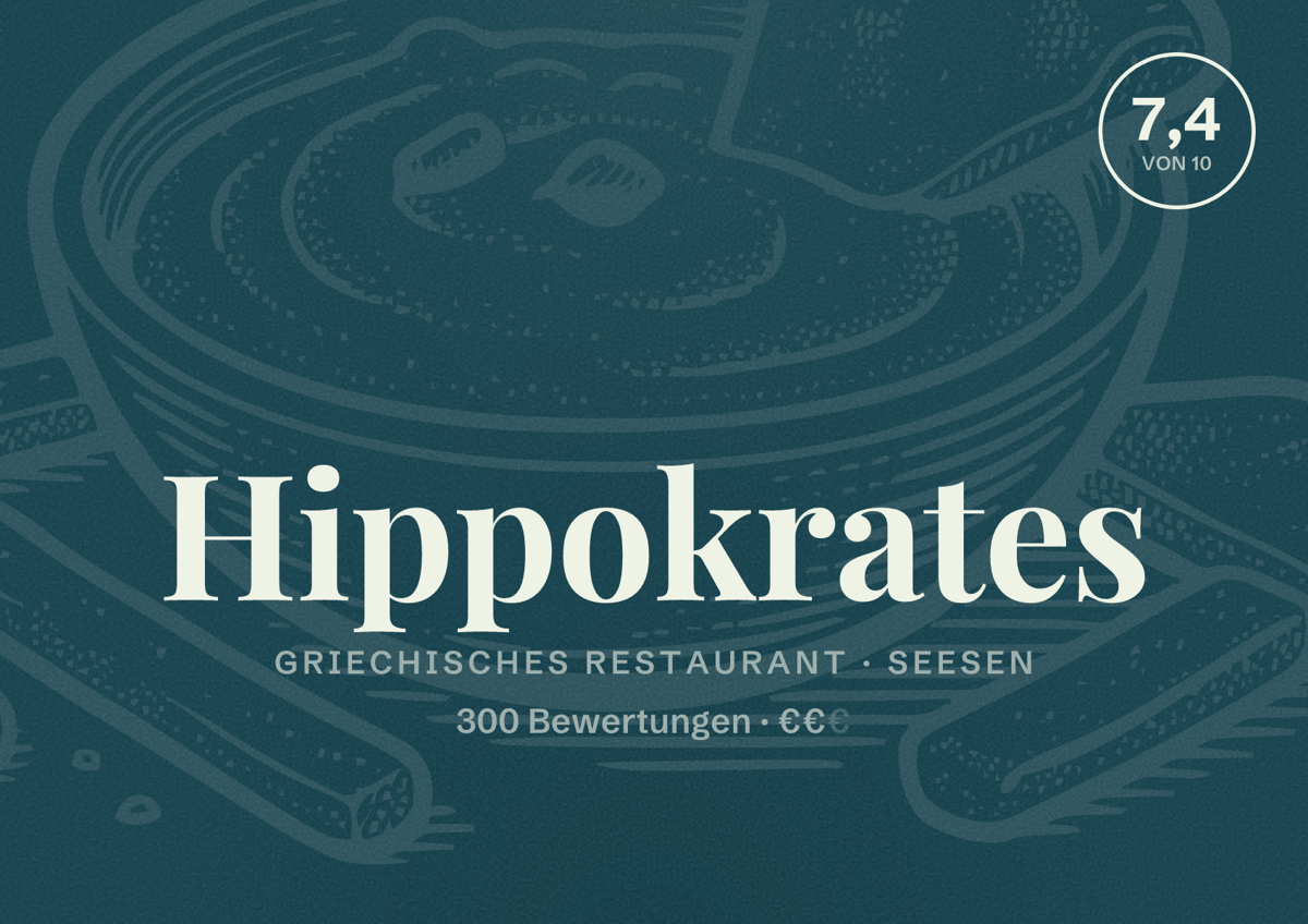 Illustriertes Poster von Hippokrates, Griechisches Restaurant in Seesen: Bewertung 7,4 von 10 aus 300 Bewertungen, Preisniveau €€
