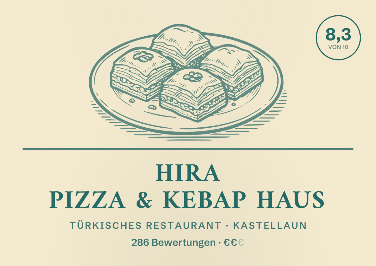 Illustriertes Poster von HIRA Pizza & Kebap Haus, Türkisches Restaurant in Kastellaun: Bewertung 8,3 von 10 aus 286 Bewertungen, Preisniveau €€