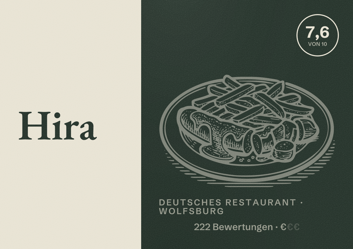 Illustriertes Poster von Hira, Deutsches Restaurant in Wolfsburg: Bewertung 7,6 von 10 aus 222 Bewertungen, Preisniveau €