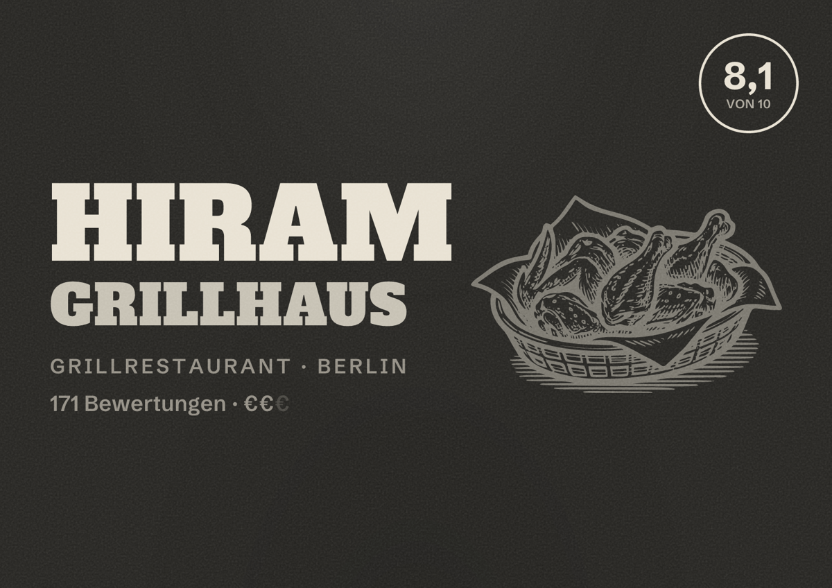Illustriertes Poster von Hiram Grillhaus, Grillrestaurant in Berlin: Bewertung 8,1 von 10 aus 171 Bewertungen, Preisniveau €€