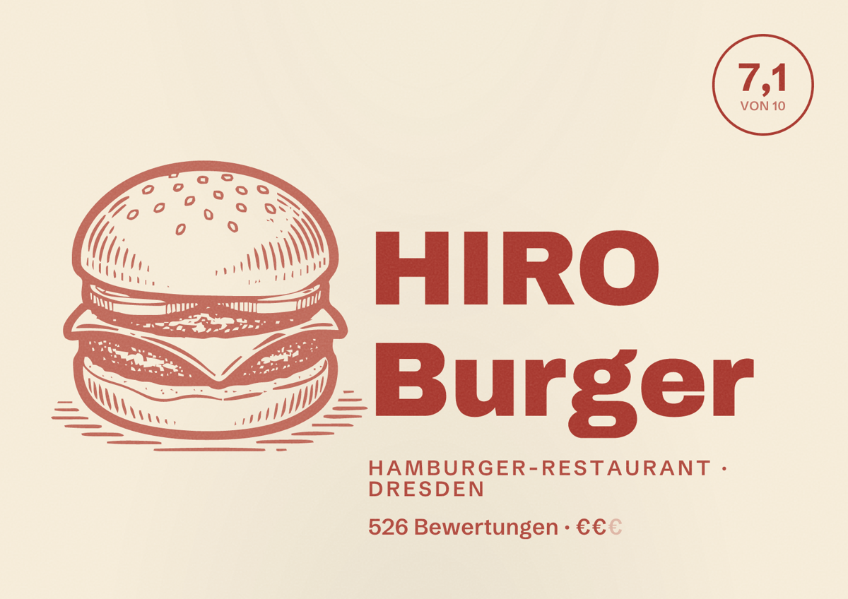 Illustriertes Poster von HIRO Burger, Hamburger-Restaurant in Dresden: Bewertung 7,1 von 10 aus 526 Bewertungen, Preisniveau €€