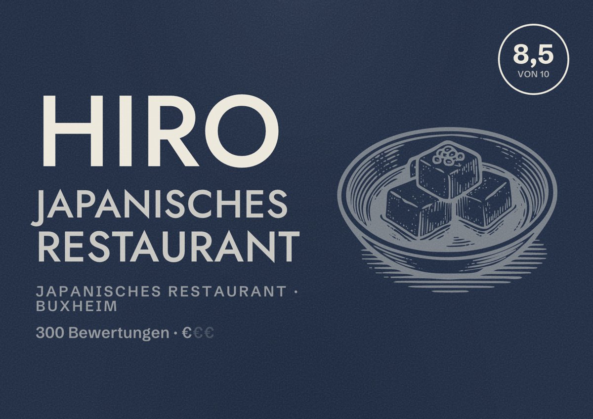 Illustriertes Poster von HIRO japanisches Restaurant, Japanisches Restaurant in Buxheim: Bewertung 8,5 von 10 aus 300 Bewertungen, Preisniveau €