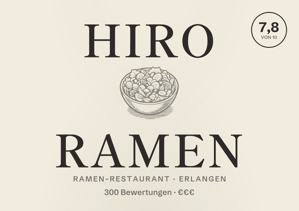 Illustriertes Poster von Hiro Ramen, Ramen-Restaurant in Erlangen: Bewertung 7,8 von 10 aus 300 Bewertungen, Preisniveau €€€