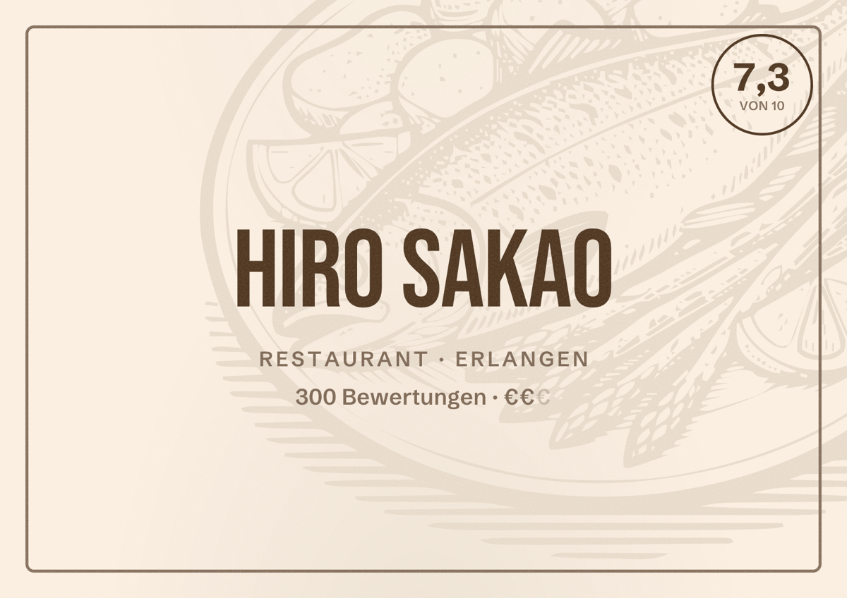 Illustriertes Poster von Hiro Sakao, Restaurant in Erlangen: Bewertung 7,3 von 10 aus 300 Bewertungen, Preisniveau €€