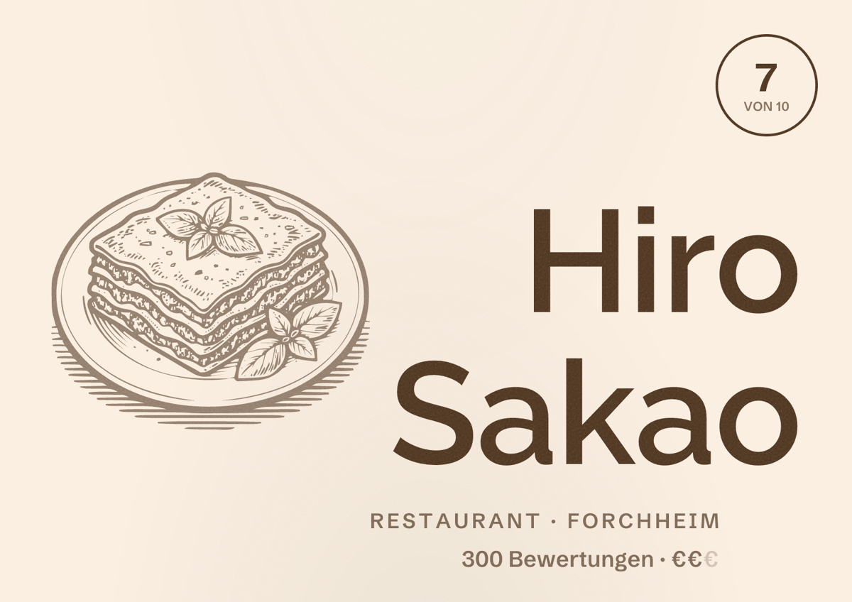 Illustriertes Poster von Hiro Sakao, Restaurant in Forchheim: Bewertung 7 von 10 aus 300 Bewertungen, Preisniveau €€