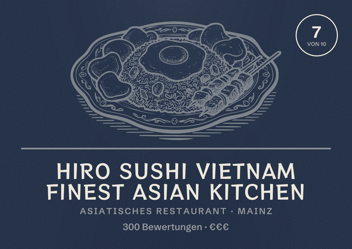 Illustriertes Poster von Hiro Sushi Vietnam finest asian kitchen, Asiatisches Restaurant in Mainz: Bewertung 7 von 10 aus 300 Bewertungen, Preisniveau €€€