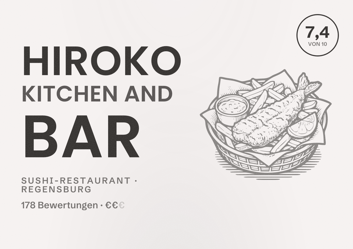 Illustriertes Poster von HIROKO KITCHEN AND BAR, Sushi-Restaurant in Regensburg: Bewertung 7,4 von 10 aus 178 Bewertungen, Preisniveau €€