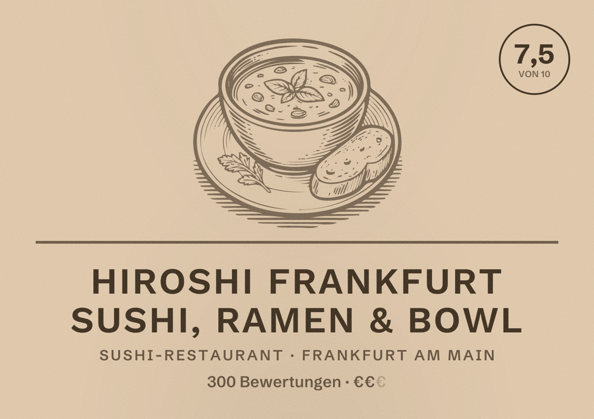 Illustriertes Poster von Hiroshi Frankfurt Sushi, Ramen & Bowl, Sushi-Restaurant in Frankfurt am Main: Bewertung 7,5 von 10 aus 300 Bewertungen, Preisniveau €€