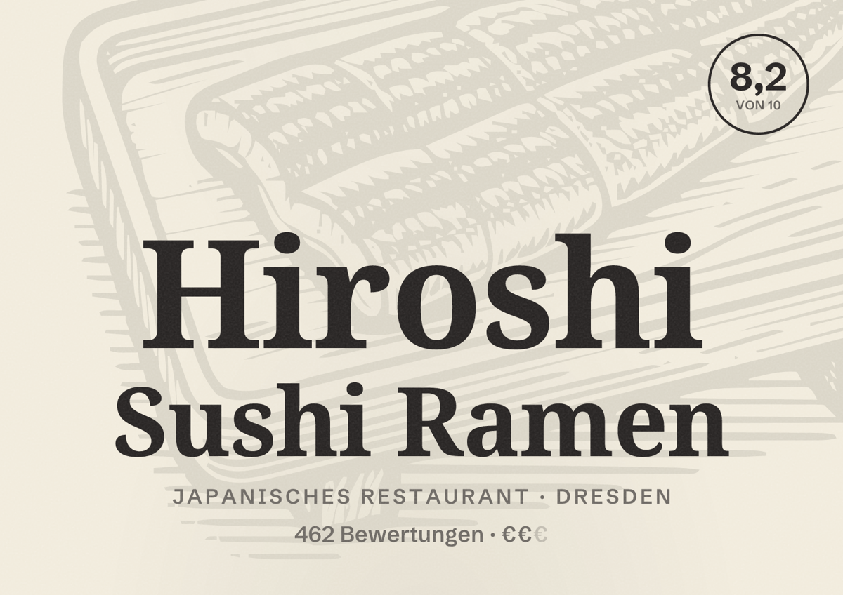 Illustriertes Poster von Hiroshi Sushi Ramen, Japanisches Restaurant in Dresden: Bewertung 8,2 von 10 aus 462 Bewertungen, Preisniveau €€
