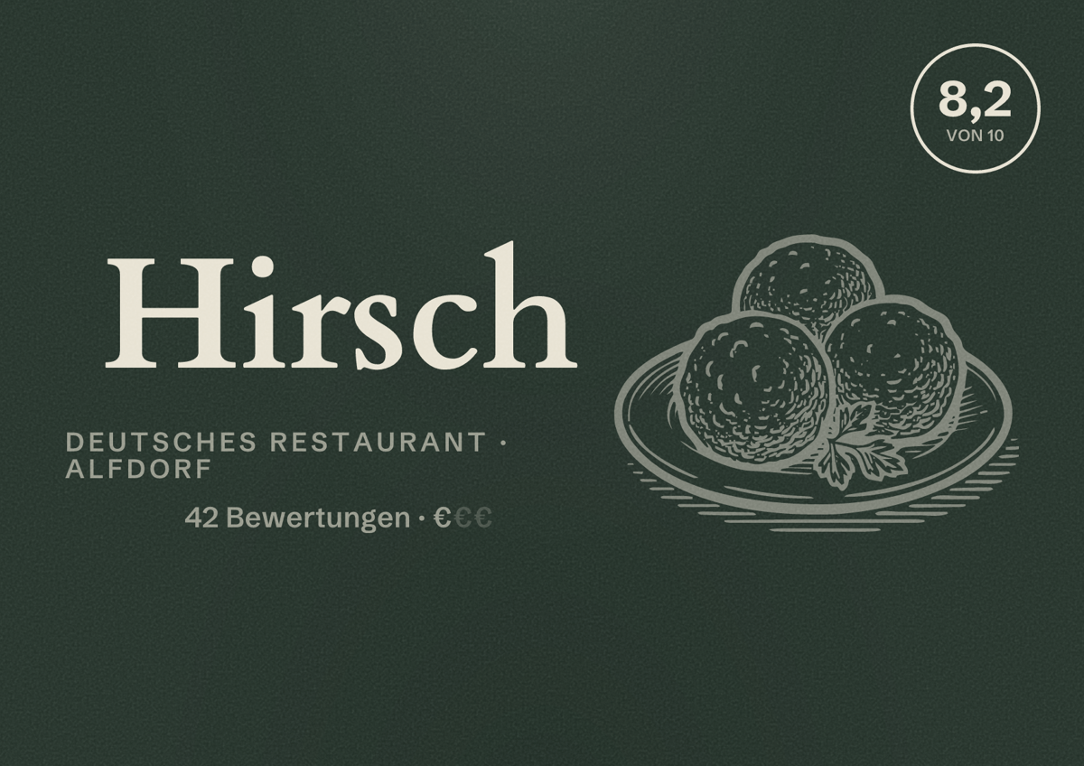 Illustriertes Poster von Hirsch, Deutsches Restaurant in Alfdorf: Bewertung 8,2 von 10 aus 42 Bewertungen, Preisniveau €