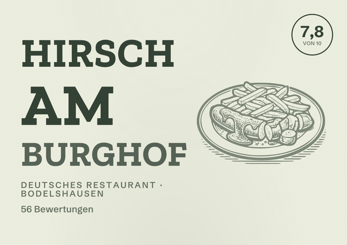 Illustriertes Poster von Hirsch am Burghof, Deutsches Restaurant in Bodelshausen: Bewertung 7,8 von 10 aus 56 Bewertungen