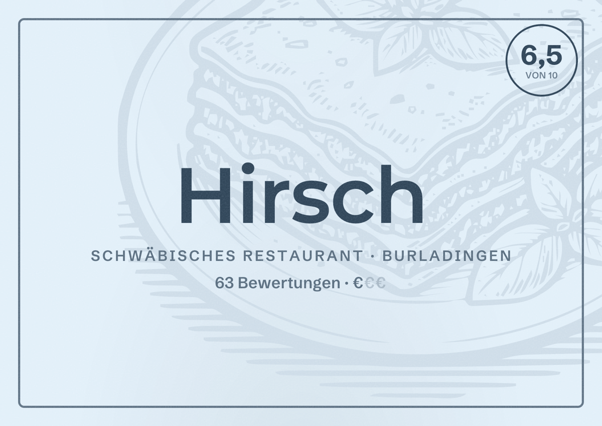 Illustriertes Poster von Hirsch, Schwäbisches Restaurant in Burladingen: Bewertung 6,5 von 10 aus 63 Bewertungen, Preisniveau €