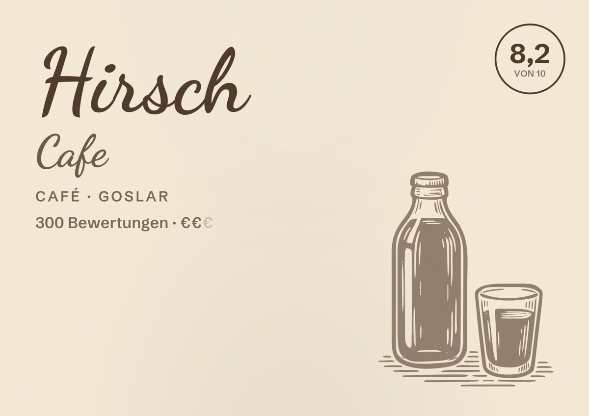 Illustriertes Poster von Hirsch Cafe, Café in Goslar: Bewertung 8,2 von 10 aus 300 Bewertungen, Preisniveau €€