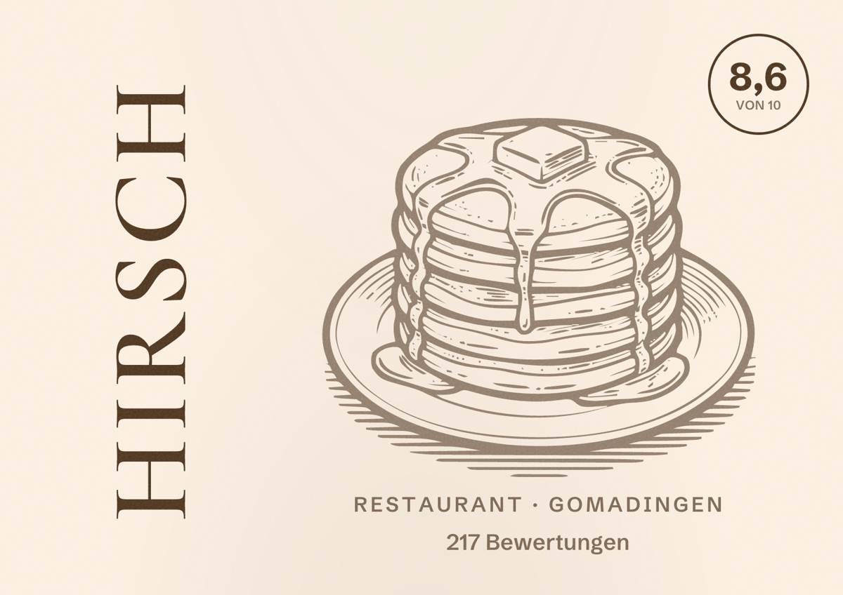 Illustriertes Poster von Hirsch, Restaurant in Gomadingen: Bewertung 8,6 von 10 aus 217 Bewertungen