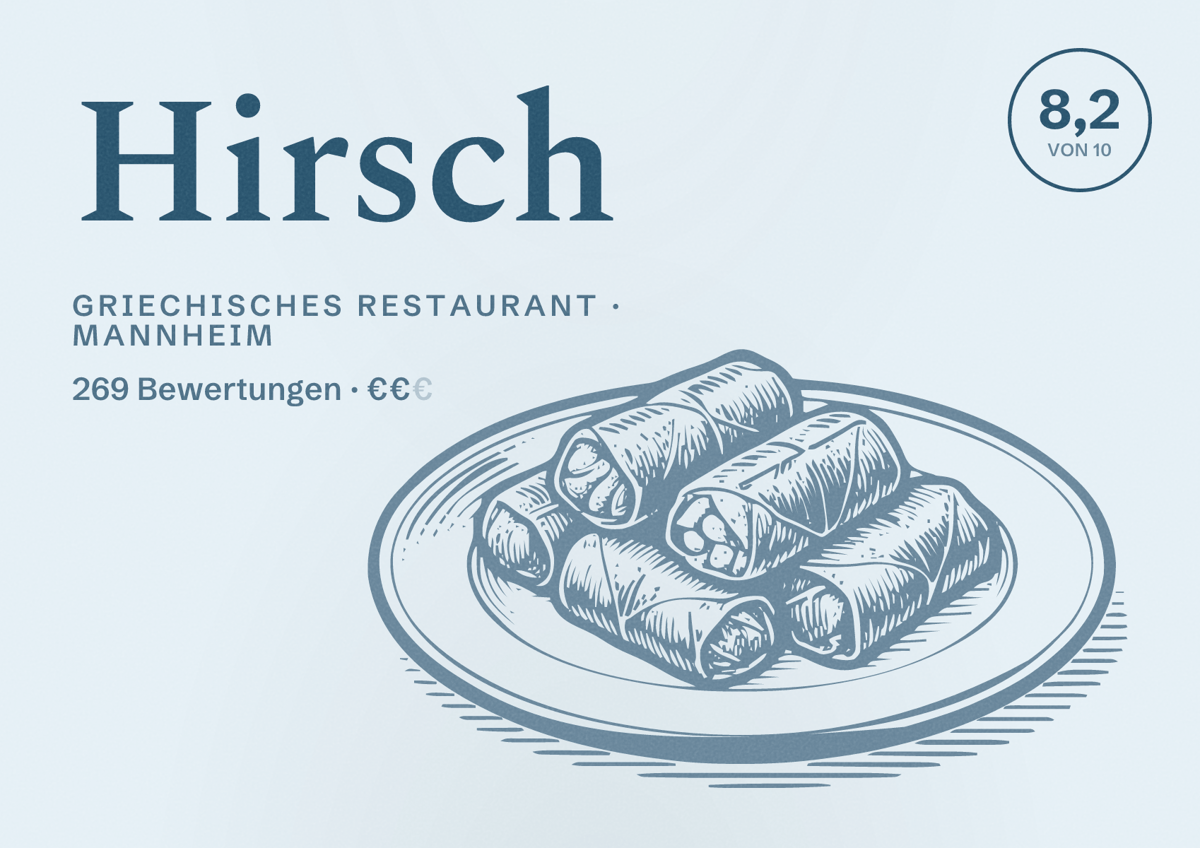 Illustriertes Poster von Hirsch, Griechisches Restaurant in Mannheim: Gästebewertung 8,2 von 10 aus 269 Bewertungen