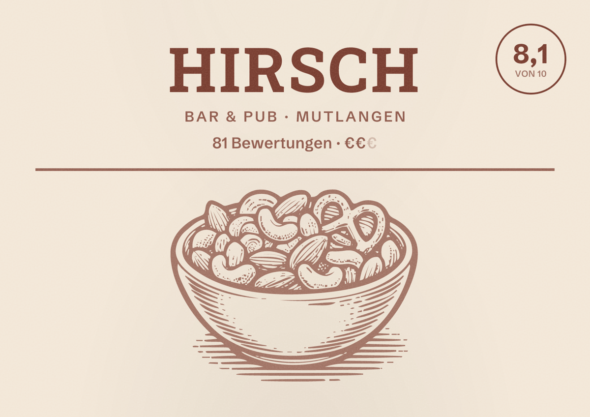 Illustriertes Poster von Hirsch, Bar & Pub in Mutlangen: Bewertung 8,1 von 10 aus 81 Bewertungen, Preisniveau €€