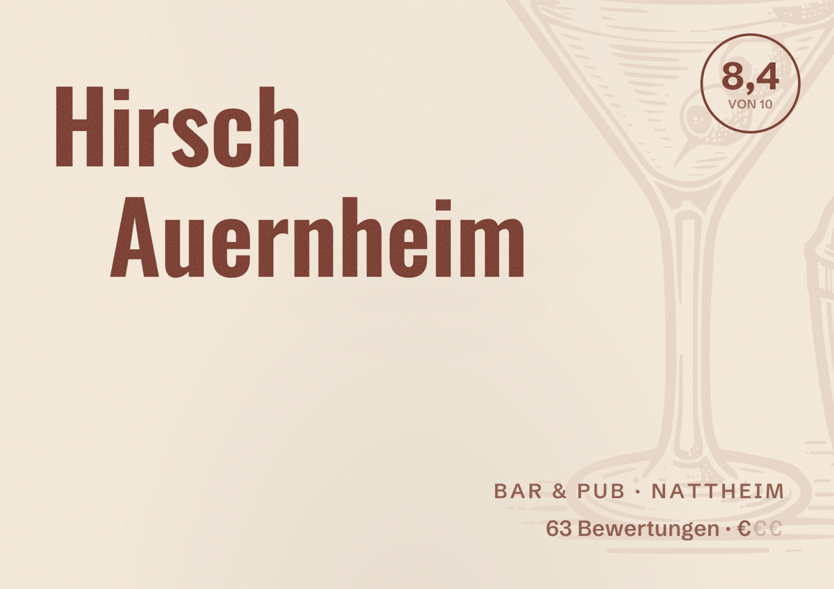 Illustriertes Poster von Hirsch Auernheim, Bar & Pub in Nattheim: Bewertung 8,4 von 10 aus 63 Bewertungen, Preisniveau €