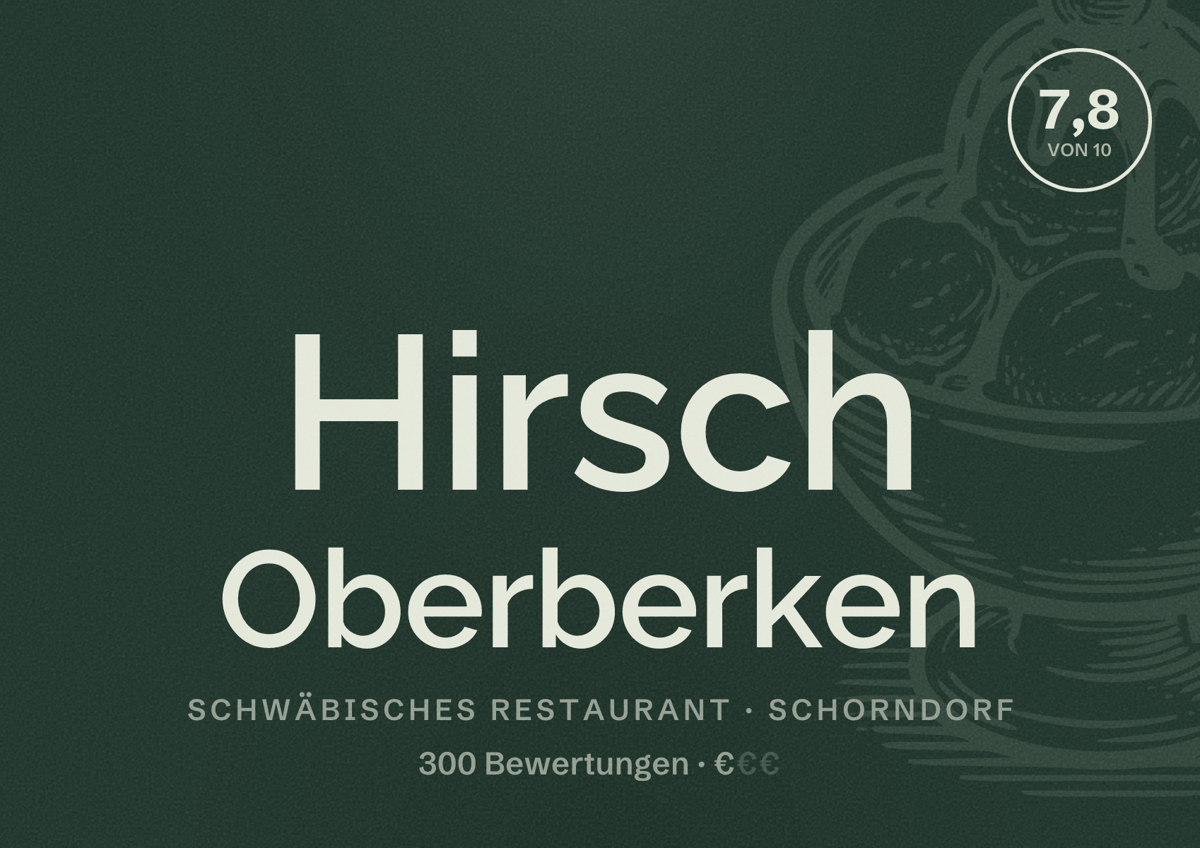 Illustriertes Poster von Hirsch Oberberken, Schwäbisches Restaurant in Schorndorf: Bewertung 7,8 von 10 aus 300 Bewertungen, Preisniveau €