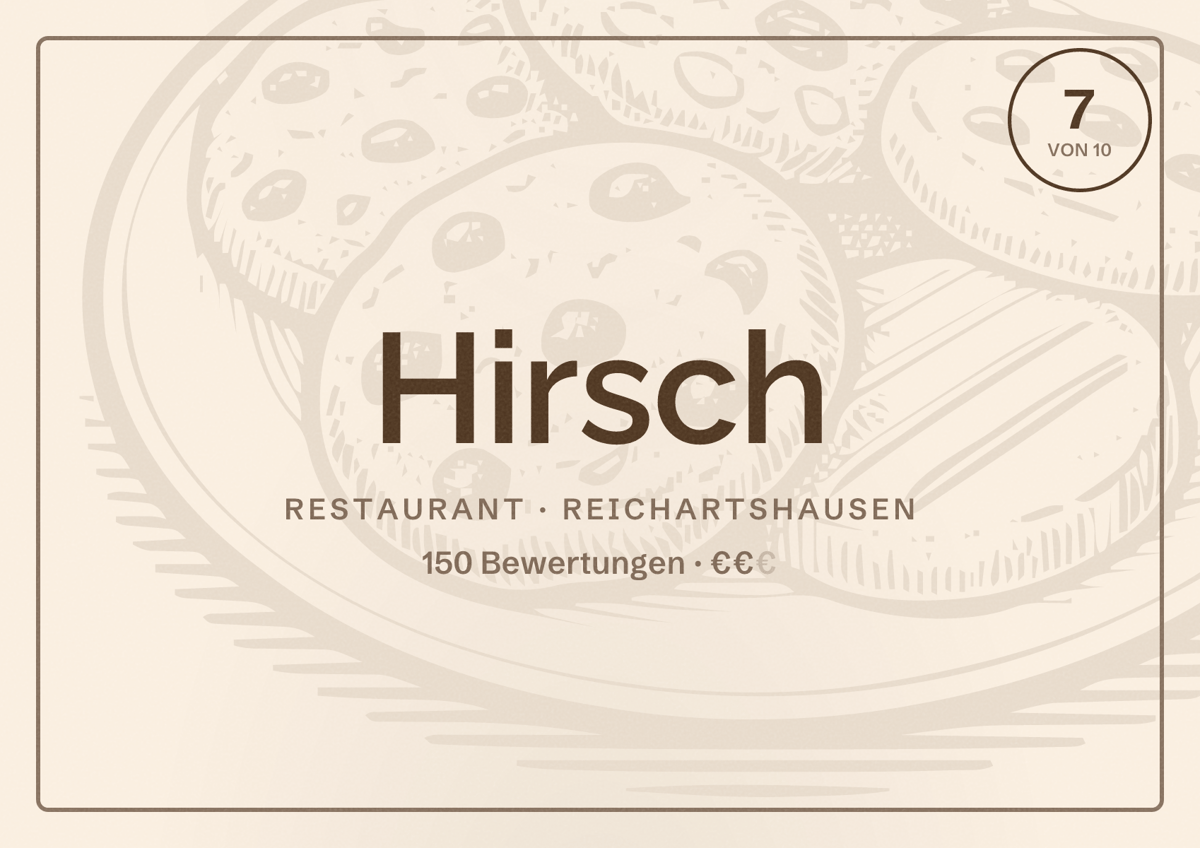Illustriertes Poster von Hirsch, Restaurant in Reichartshausen: Bewertung 7 von 10 aus 150 Bewertungen, Preisniveau €€