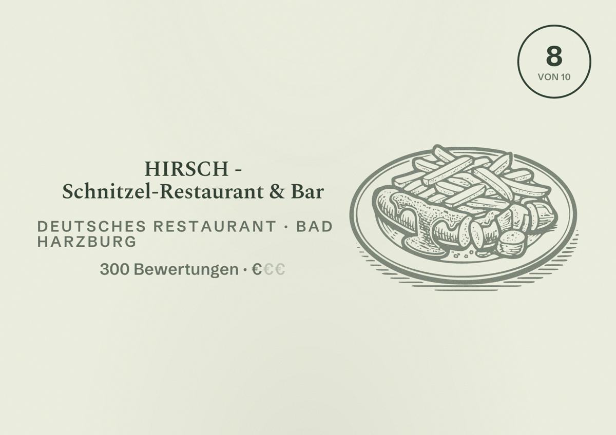 Illustriertes Poster von HIRSCH - Schnitzel-Restaurant & Bar, Deutsches Restaurant in Bad Harzburg: Bewertung 8 von 10 aus 300 Bewertungen, Preisniveau €