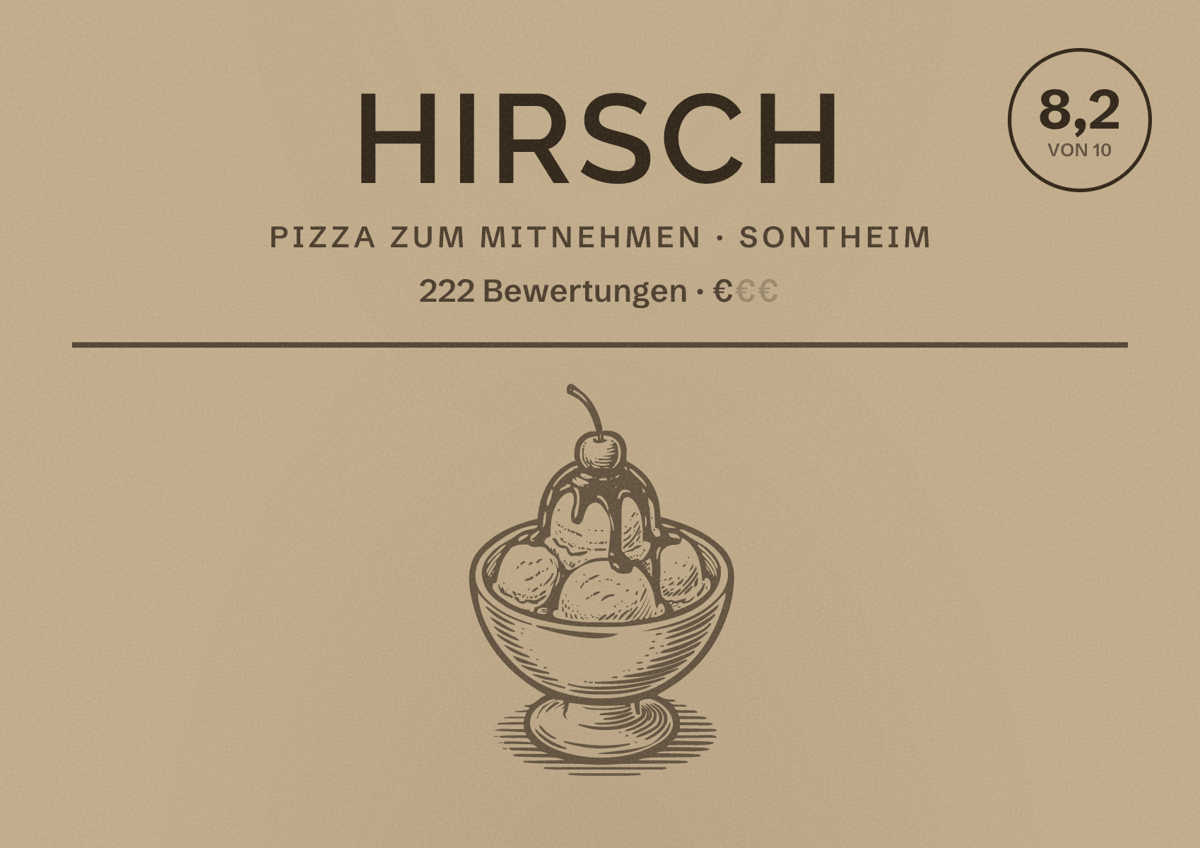 Illustriertes Poster von Hirsch, Pizza zum Mitnehmen in Sontheim: Bewertung 8,2 von 10 aus 222 Bewertungen, Preisniveau €