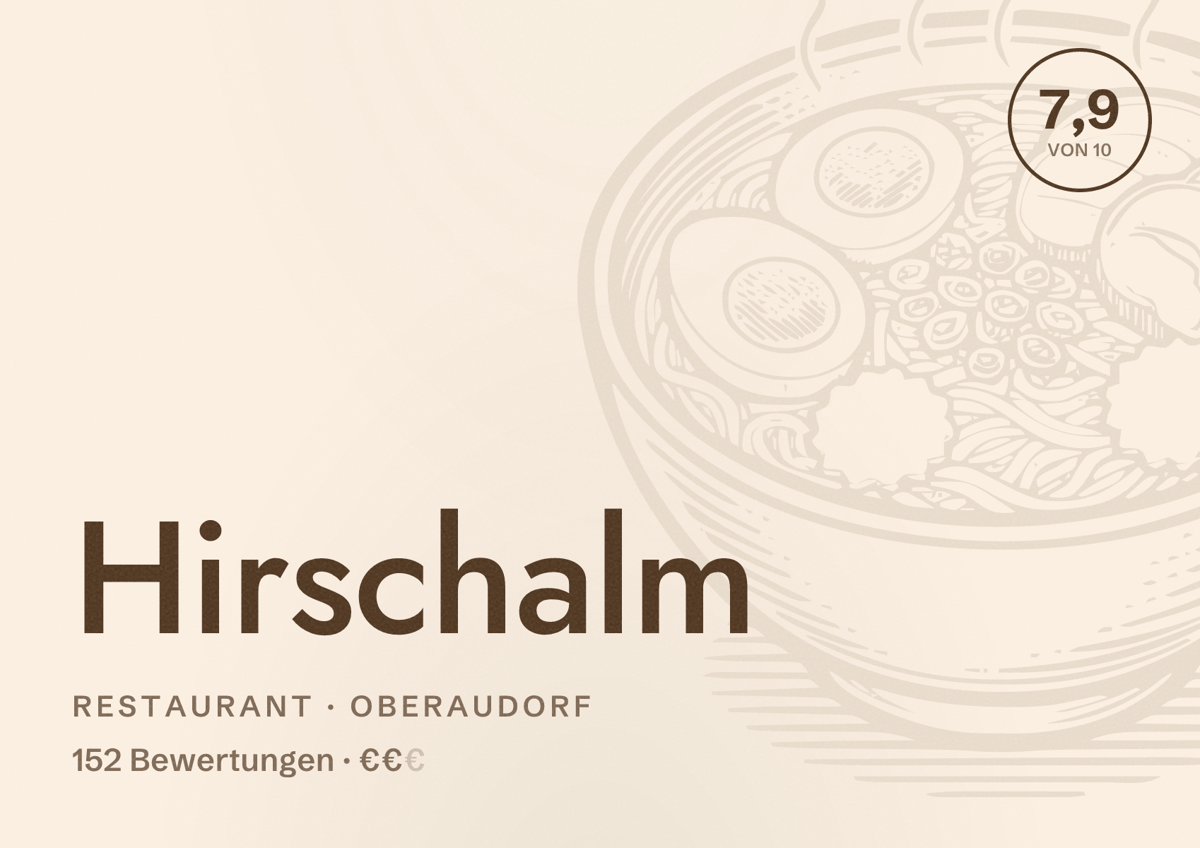 Illustriertes Poster von Hirschalm, Restaurant in Oberaudorf: Bewertung 7,9 von 10 aus 152 Bewertungen, Preisniveau €€