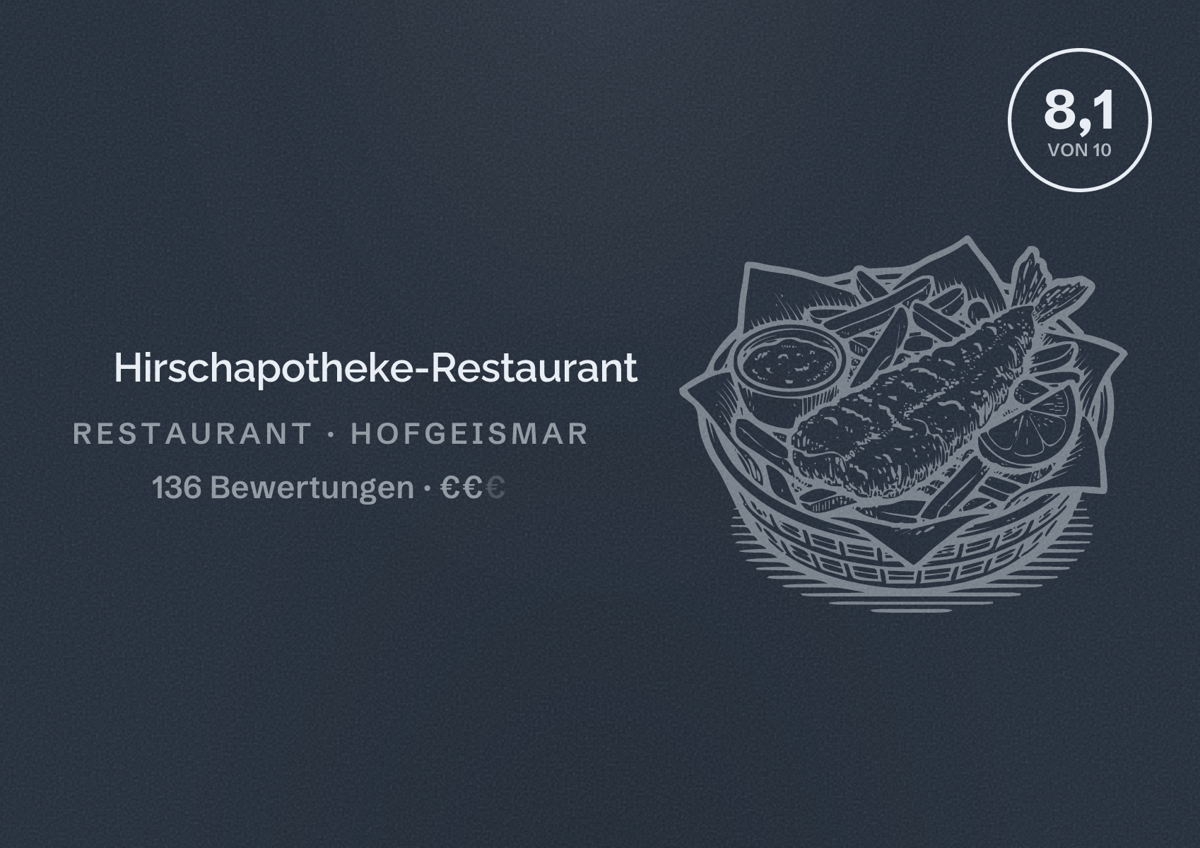 Illustriertes Poster von Hirschapotheke-Restaurant, Restaurant in Hofgeismar: Bewertung 8,1 von 10 aus 136 Bewertungen, Preisniveau €€