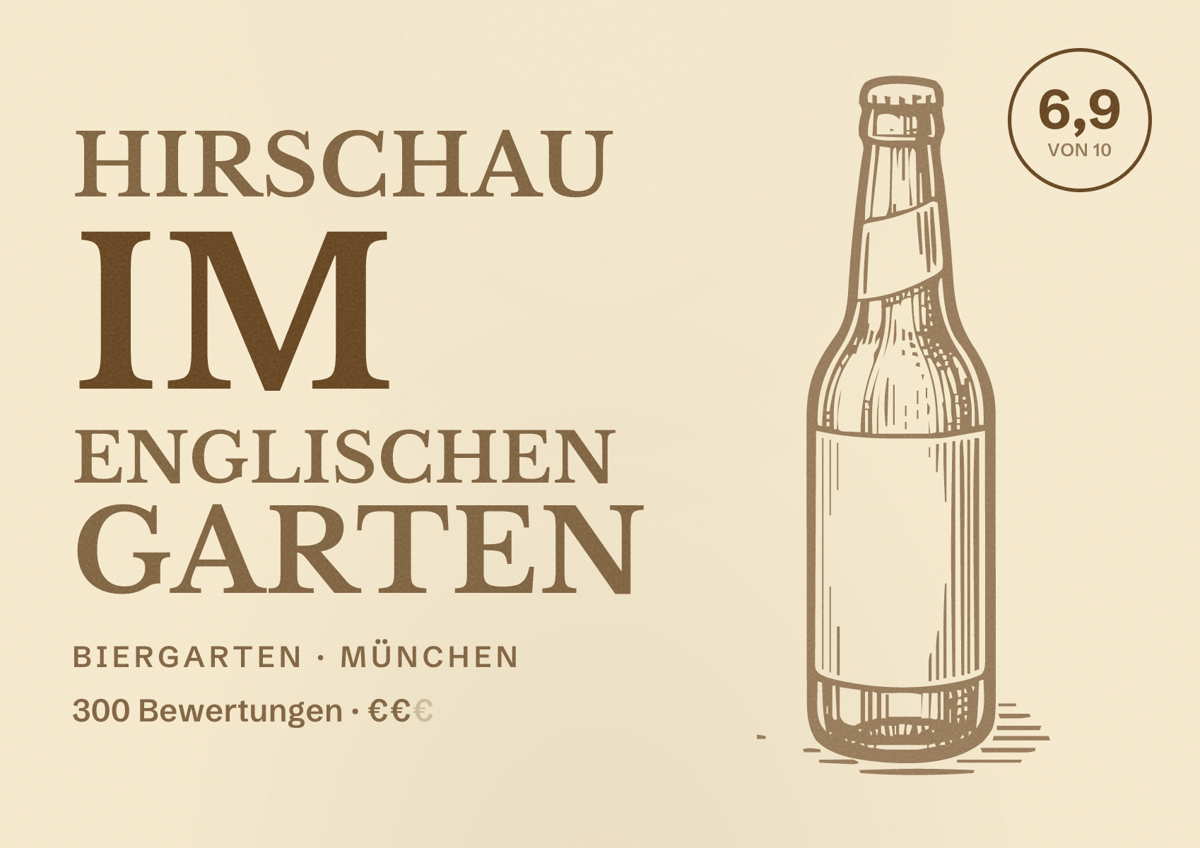 Illustriertes Poster von Hirschau im Englischen Garten, Biergarten in München: Bewertung 6,9 von 10 aus 300 Bewertungen, Preisniveau €€