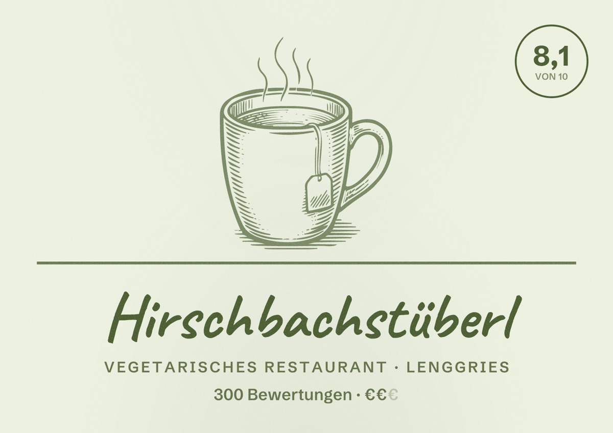 Illustriertes Poster von Hirschbachstüberl, Vegetarisches Restaurant in Lenggries: Bewertung 8,1 von 10 aus 300 Bewertungen, Preisniveau €€