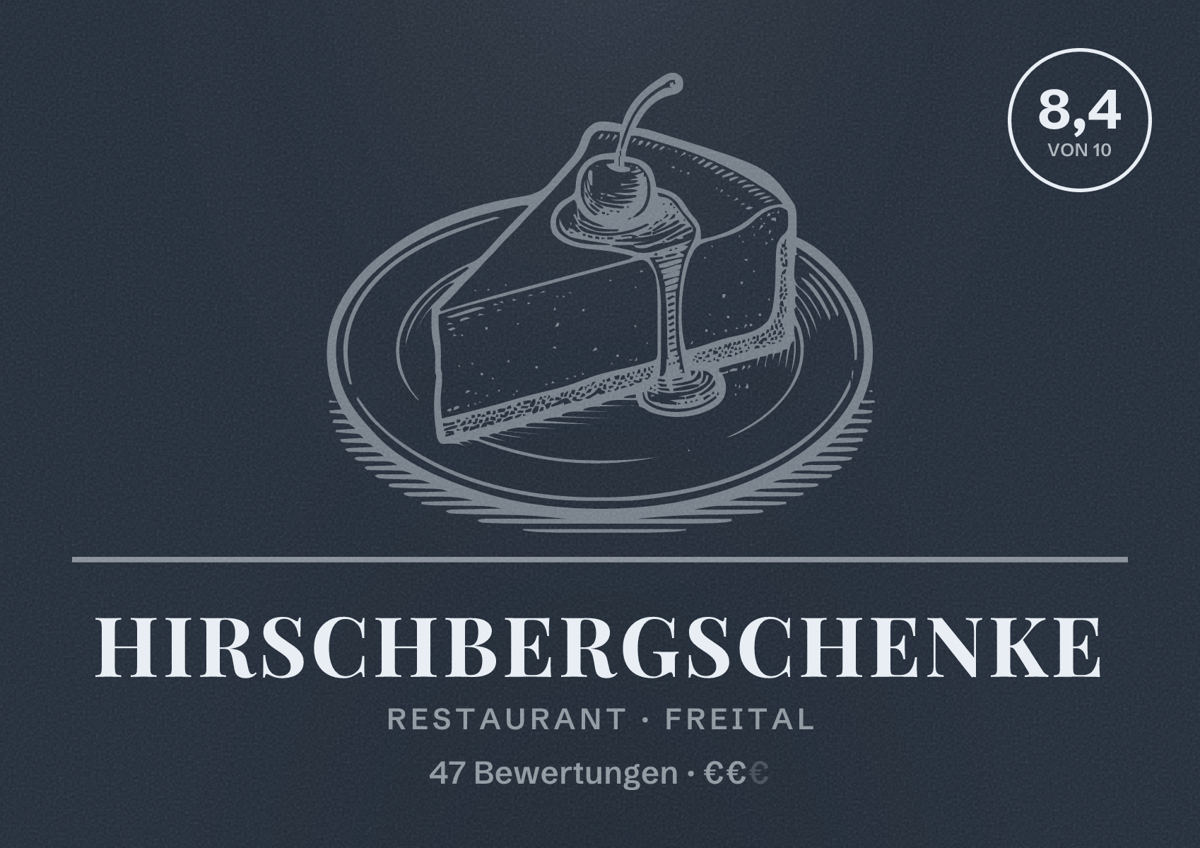 Illustriertes Poster von Hirschbergschenke, Restaurant in Freital: Bewertung 8,4 von 10 aus 47 Bewertungen, Preisniveau €€