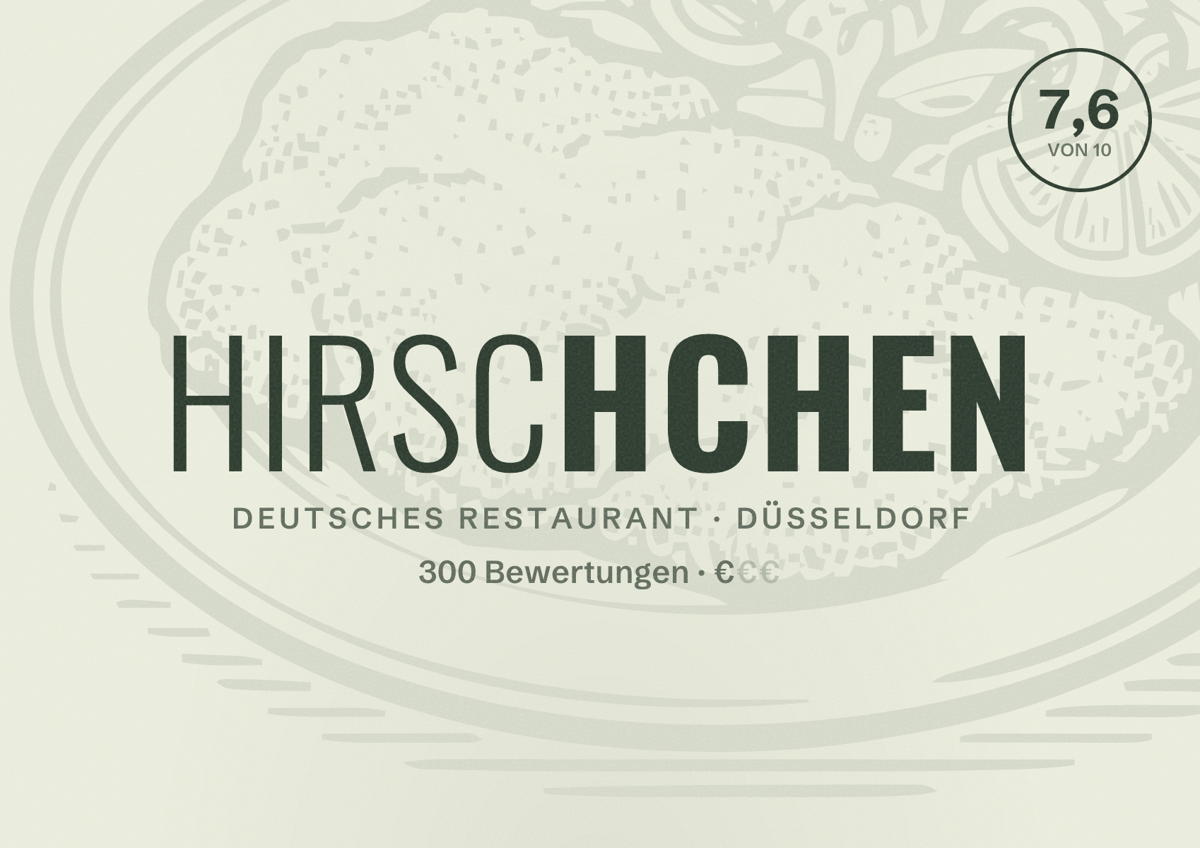 Illustriertes Poster von hirschchen, Deutsches Restaurant in Düsseldorf: Bewertung 7,6 von 10 aus 300 Bewertungen, Preisniveau €