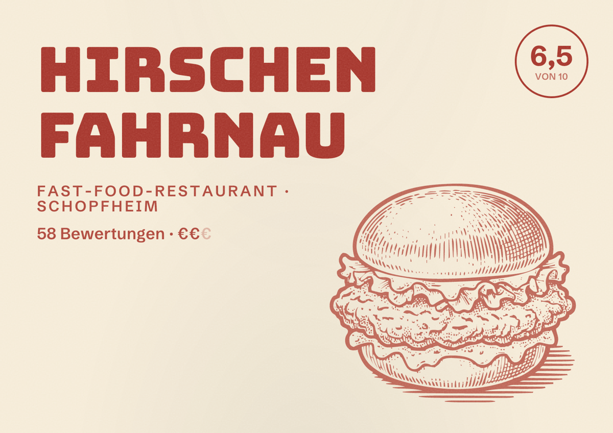 Illustriertes Poster von Hirschen Fahrnau, Fast-Food-Restaurant in Schopfheim: Bewertung 6,5 von 10 aus 58 Bewertungen, Preisniveau €€
