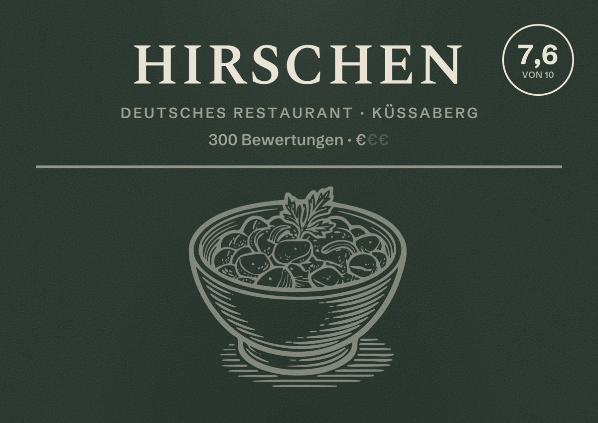 Illustriertes Poster von Hirschen, Deutsches Restaurant in Küssaberg: Bewertung 7,6 von 10 aus 300 Bewertungen, Preisniveau €