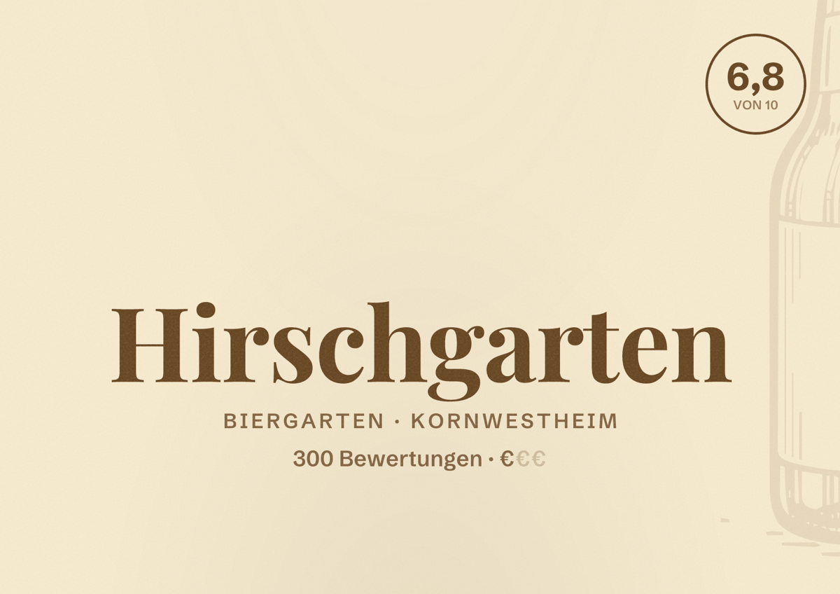 Illustriertes Poster von Hirschgarten, Biergarten in Kornwestheim: Bewertung 6,8 von 10 aus 300 Bewertungen, Preisniveau €
