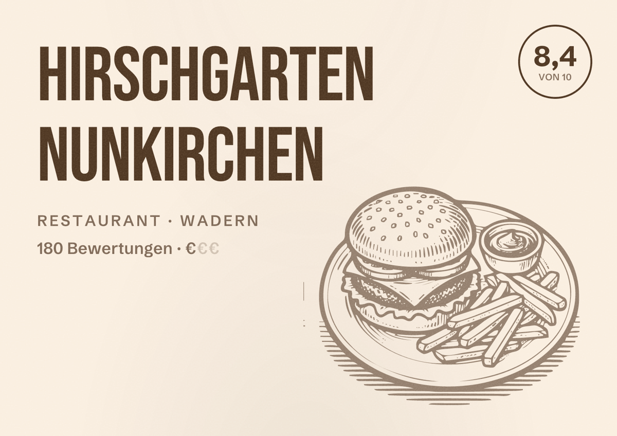 Illustriertes Poster von HirschGarten Nunkirchen, Restaurant in Wadern: Bewertung 8,4 von 10 aus 180 Bewertungen, Preisniveau €