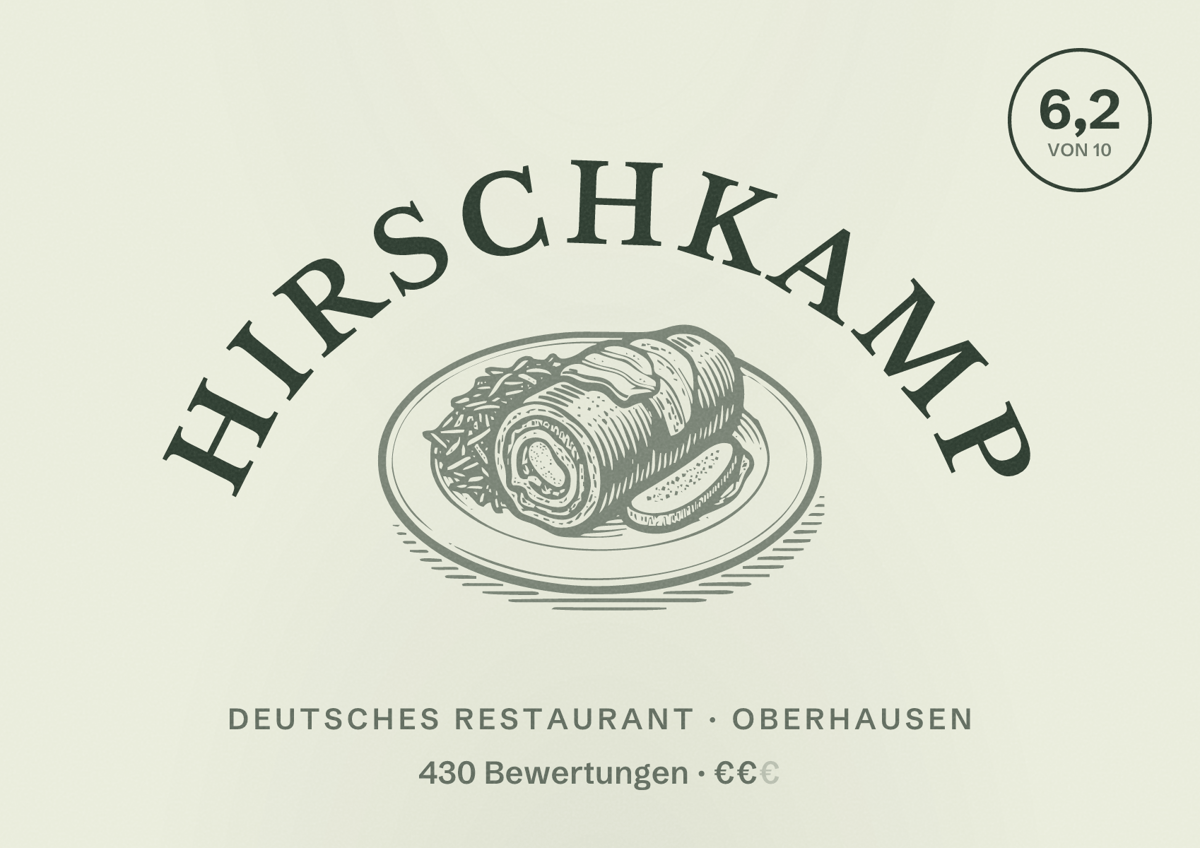 Illustriertes Poster von Hirschkamp, Deutsches Restaurant in Oberhausen: Bewertung 6,2 von 10 aus 430 Bewertungen, Preisniveau €€