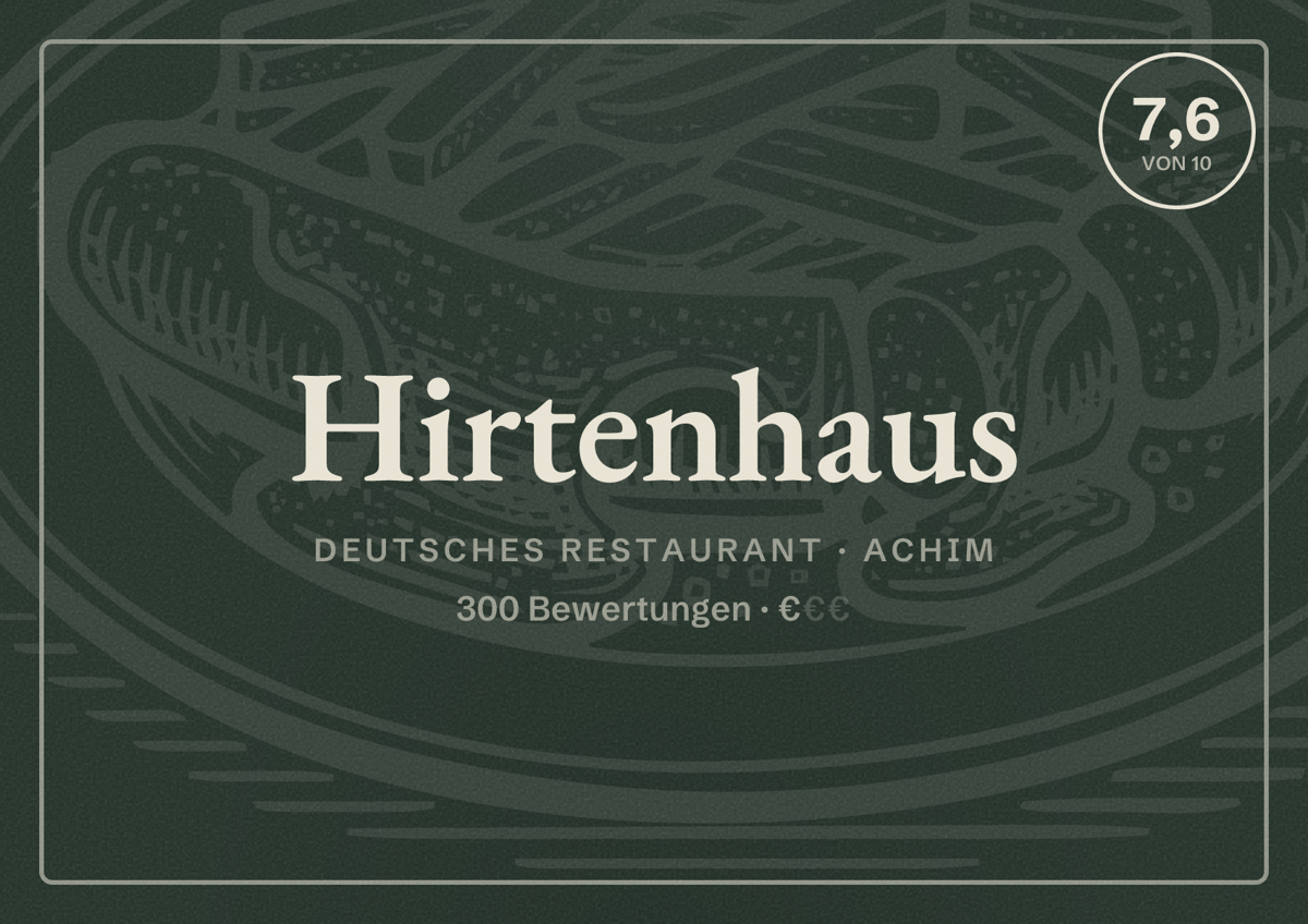 Illustriertes Poster von Hirtenhaus, Deutsches Restaurant in Achim: Bewertung 7,6 von 10 aus 300 Bewertungen, Preisniveau €