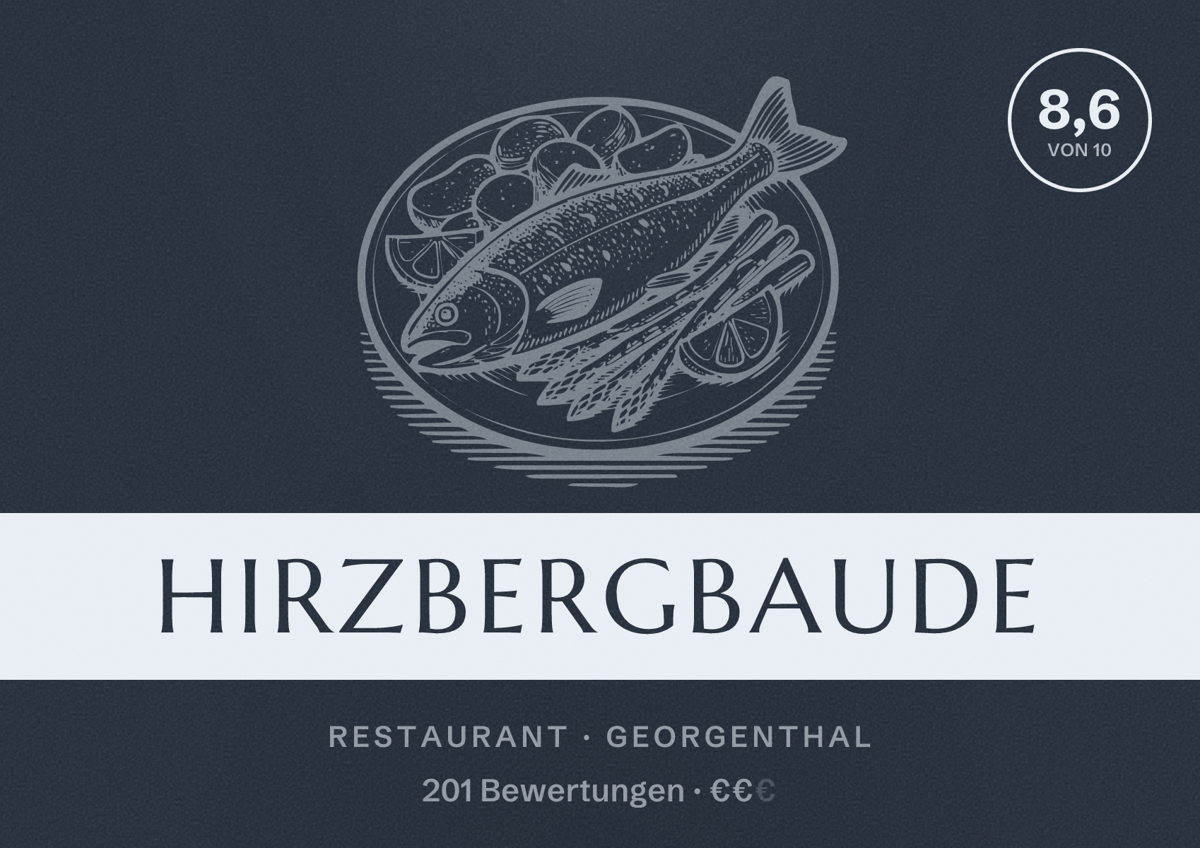 Illustriertes Poster von Hirzbergbaude, Restaurant in Georgenthal: Bewertung 8,6 von 10 aus 201 Bewertungen, Preisniveau €€