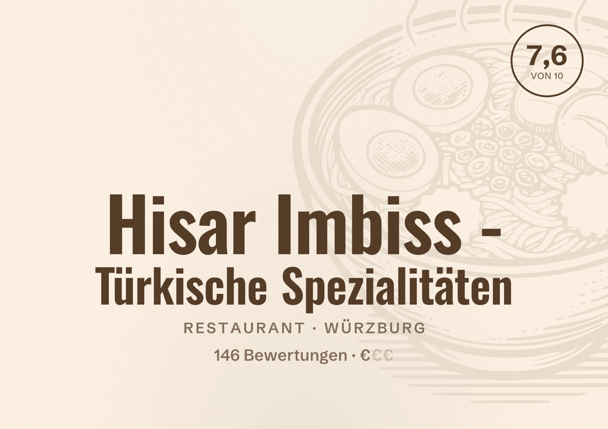 Illustriertes Poster von Hisar Imbiss - Türkische Spezialitäten, Restaurant in Würzburg: Bewertung 7,6 von 10 aus 146 Bewertungen, Preisniveau €