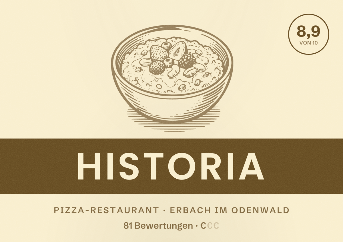 Illustriertes Poster von Historia, Pizza-Restaurant in Erbach im Odenwald: Bewertung 8,9 von 10 aus 81 Bewertungen, Preisniveau €