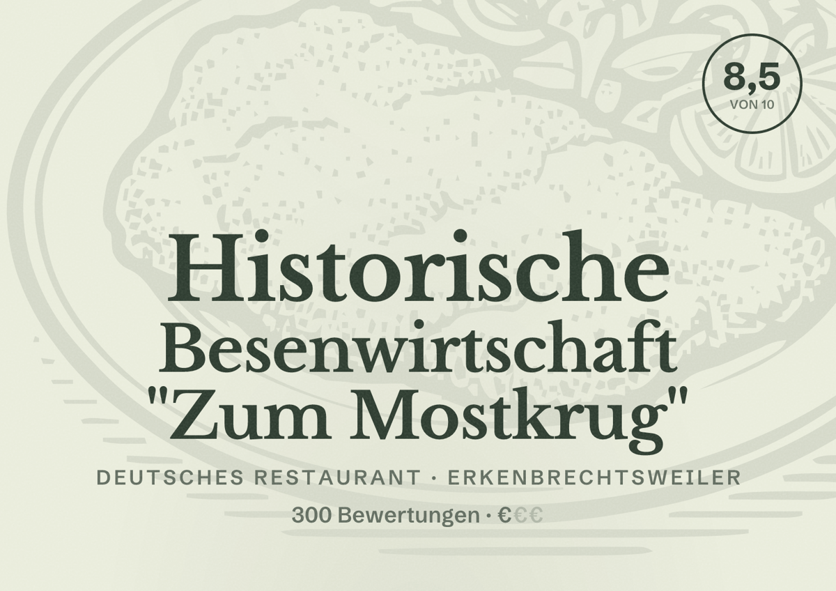 Illustriertes Poster von Historische Besenwirtschaft "Zum Mostkrug", Deutsches Restaurant in Erkenbrechtsweiler: Bewertung 8,5 von 10 aus 300 Bewertungen, Preisniveau €
