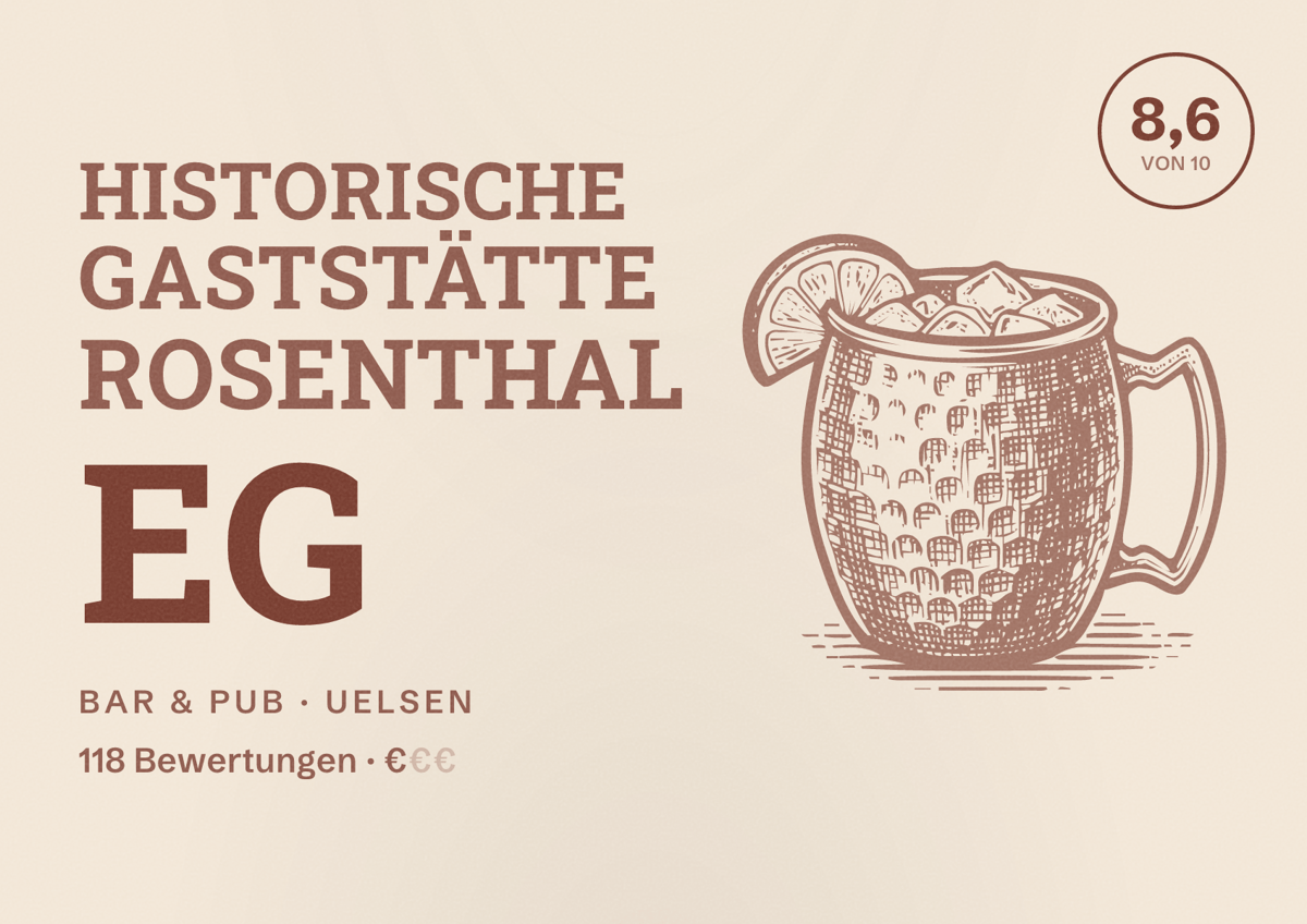 Illustriertes Poster von Historische Gaststätte Rosenthal eG, Bar & Pub in Uelsen: Bewertung 8,6 von 10 aus 118 Bewertungen, Preisniveau €