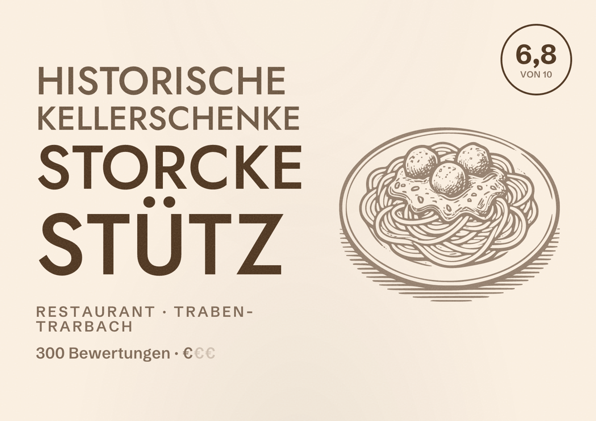Illustriertes Poster von Historische Kellerschenke Storcke Stütz, Restaurant in Traben-Trarbach: Bewertung 6,8 von 10 aus 300 Bewertungen, Preisniveau €