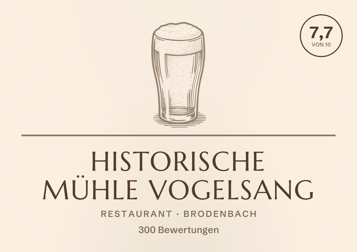 Illustriertes Poster von Historische Mühle Vogelsang, Restaurant in Brodenbach: Bewertung 7,7 von 10 aus 300 Bewertungen