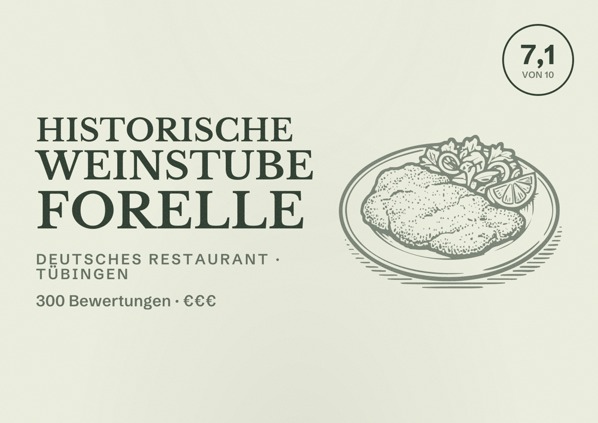 Illustriertes Poster von Historische Weinstube Forelle, Deutsches Restaurant in Tübingen: Bewertung 7,1 von 10 aus 300 Bewertungen, Preisniveau €€€