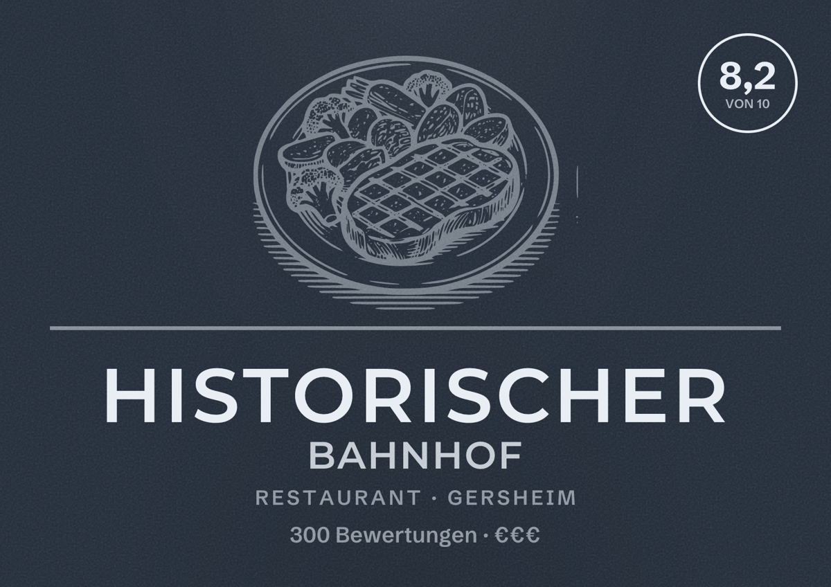 Illustriertes Poster von Historischer Bahnhof, Restaurant in Gersheim: Bewertung 8,2 von 10 aus 300 Bewertungen, Preisniveau €€€