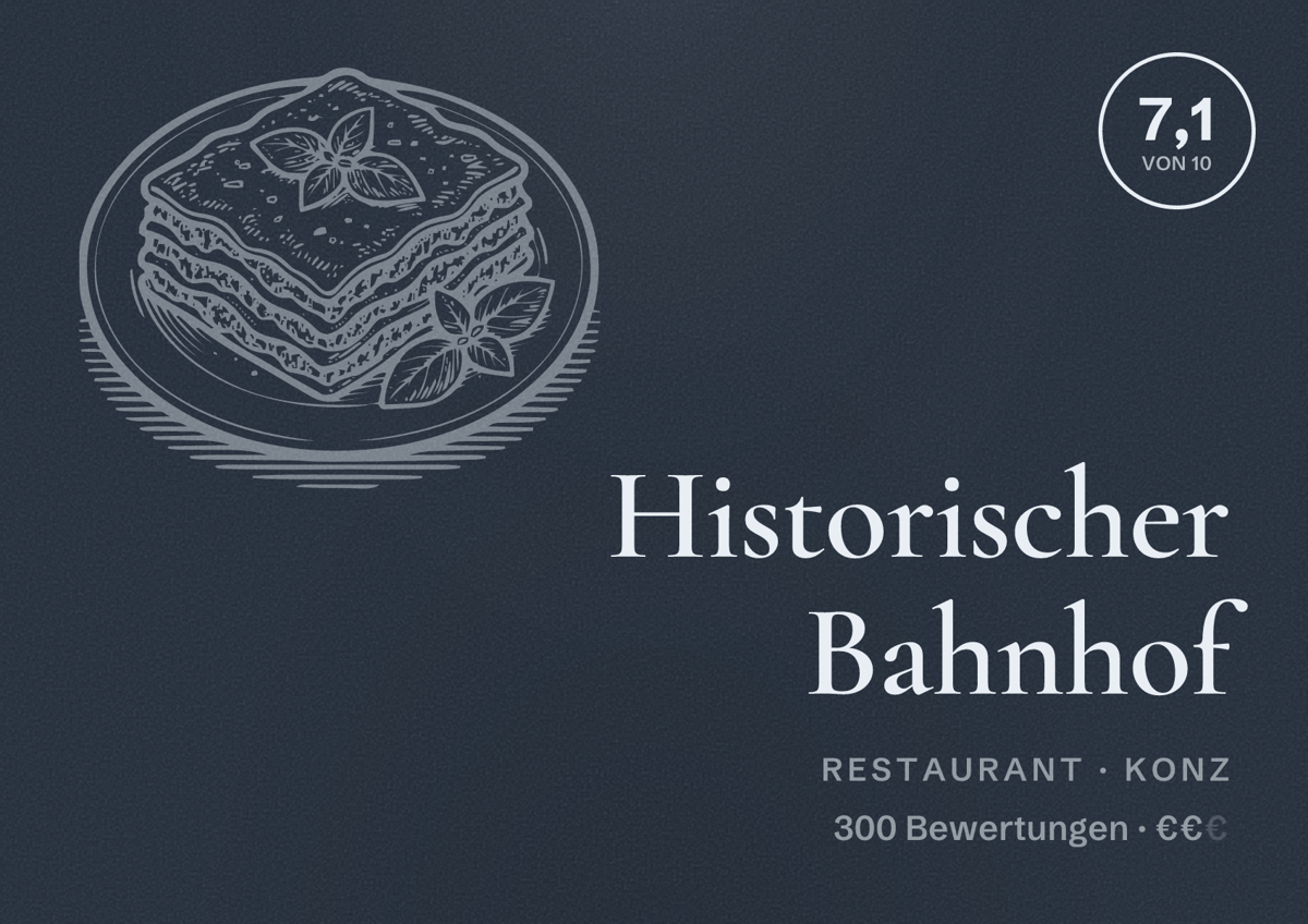 Illustriertes Poster von Historischer Bahnhof, Restaurant in Konz: Bewertung 7,1 von 10 aus 300 Bewertungen, Preisniveau €€